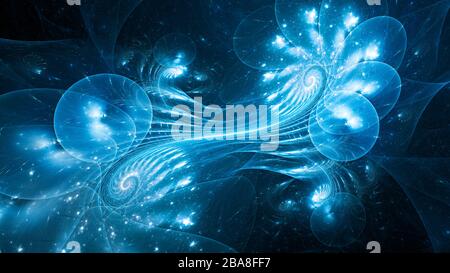 Blau leuchtende spiralförmige, korrelierte Quantum, computergenerierter abstrakter Hintergrund, 3D-Rendering Stockfoto