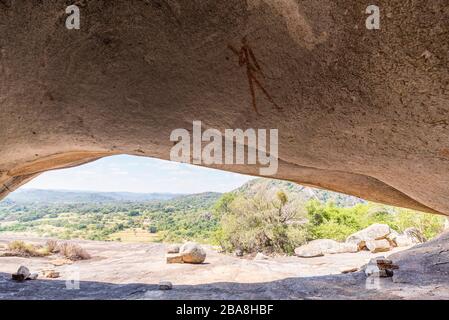 San-Felskunst in der Silozwane Höhle, Matobo National Park, Simbabwe. Stockfoto