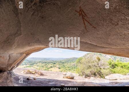 San-Felskunst in der Silozwane Höhle, Matobo National Park, Simbabwe. Stockfoto