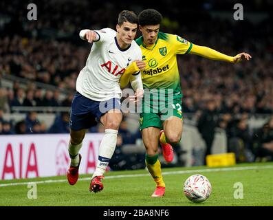 Erik Lamela (links) von Tottenham Hotspur und Jamal Lewis von Norwich City Stockfoto