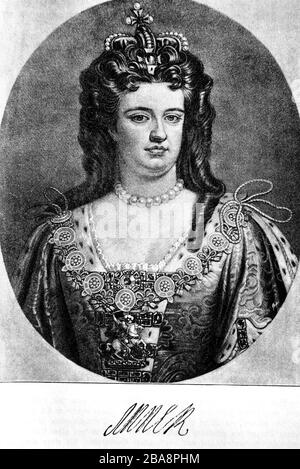 Anne Stuart, 6. Februar 1665 - 1. August 1714, war von 1702 bis 1714 Königin des Königreichs Irland, von 1702 bis 1707 Königin sowohl des Königreichs England als auch des Königreichs Schottland, Und ab dem 1. Mai 1707, nach der Vereinigung beider Königreiche, die erste Königin des Königreichs Großbritannien/Anne Stuart, 6. Februar 1665 - 1. August 1714, war von 1702 bis 1714 Königin des Königreiches Irland, von 1702 bis 1707 Königin sowohl des Königreiches England als auch des Königreiches Schottland und ab dem 1. Mai 1707, nach der Vereinigung der Königliche Reiche, die erste Königin des Königreiches Großb Stockfoto