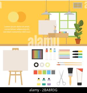 Kreatives Set für Künstler. Ideen, Kreativität, Design. Werkzeuge und Materialien: Farbe, Bürsten, Marker, Bleistift, Schere, Staffelei, Palette. Vektor flacher Illus Stock Vektor