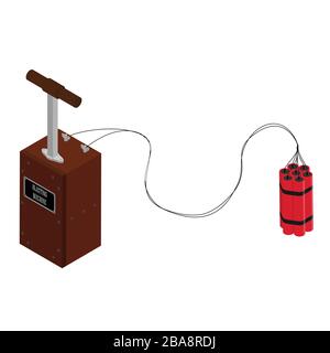 Detonatorkasten mit Dynamit-Stöcken. Strahlmaschine isoliert auf weißem Hintergrund. Vorsicht explosiv. Kolbenkasten des Detonators Stock Vektor