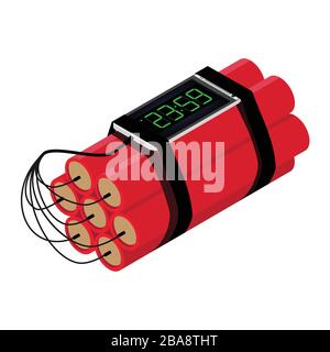 Realistische, detaillierte Isometric Red Detonate Dynamite Bomb Sticks und Timer Clock Smartphone isoliert auf weißem Hintergrund. Vektorgrafiken Stock Vektor