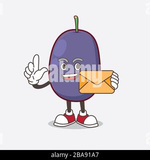 Ein Bild der Figur des Java Plum Cartoon-Maskottchens, das einen Umschlag hält Stockfoto