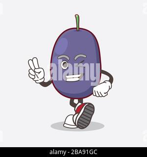 Ein Bild von Java Plum Cartoon-Maskottchen-Figur mit zwei Fingern Stockfoto