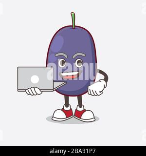 Ein Bild der mit einem Laptop arbeitenden Maskottchen-Figur des Java Plum Stockfoto