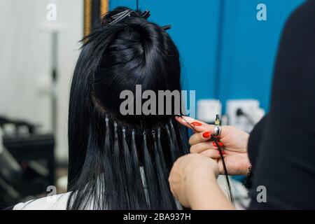 Professionelle Frau, die Haarverlängerungen mit verschiedenen Griffarten anwendet. Nano-Ringe-Verlängerungen aus echten Humas-Haaren. Stockfoto