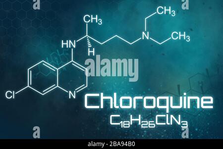 Chemische Formel von Chloroquin auf futuristischem Hintergrund Stockfoto