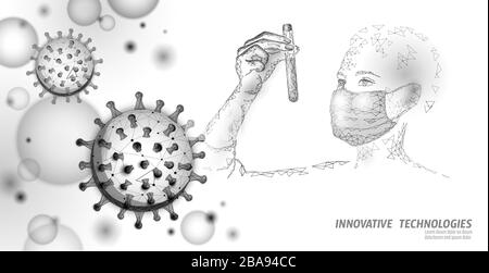 Woman Doctor Wissenschaftler halten Reagenzglas. Impfstoff gegen Virus-Mikroskop mit medizinischer Schutzmaske. Entwicklung einer Behandlung mit einer pandemischen Coronavirus-Pneumonie. Gesundheitswesen Stock Vektor