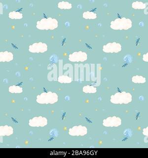 Nahtloses Muster mit Aquarellwolken und Schmetterlingen auf blauem Hintergrund Stockfoto