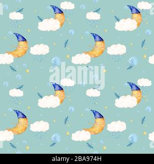 Lustig schlafender Mond mit Wolke und Schmetterling. Hand gezeichnet Aquarell Cartoon Illustration weißen Hintergrund. Stockfoto