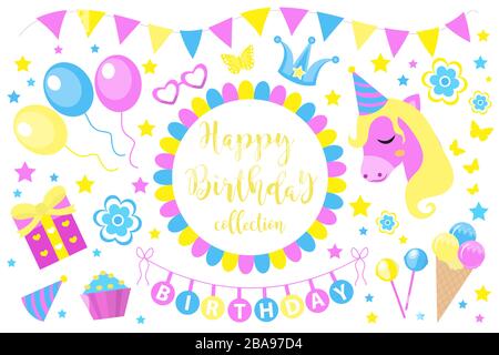 Happy Birthday modernes süßes Ikonen Set, Cartoon flacher Stil. Party-Kollektion von Designelementen mit Einhorn, Ballons, gerland, Süßigkeiten. Süßigkeiten und Kuchen Stock Vektor