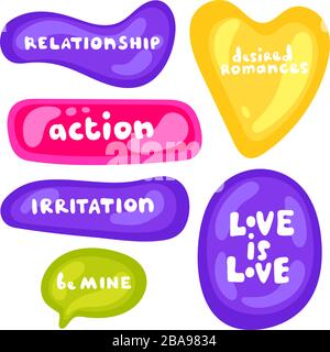 Sprache bläst über Liebe und Beziehung. Sammlung von Vektortickets, Etiketten, Stempeln, Aufklebern, Ecken, Tags auf weißem Hintergrund. Aufklebersatz Stock Vektor