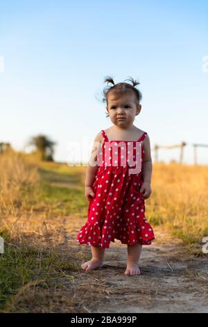 Kleines Mädchen spielt in der Natur. Babymädchen haben Spaß auf der Wiese und laufen barfuß auf dem grünen Gras. Lustige und unbeschwerte Kindheit. Stockfoto