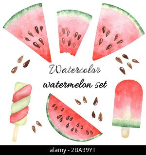 Wasserfarben-Set mit Wassermelonenscheiben, Popskeln. Handgezeichnete Rasterelemente Stockfoto