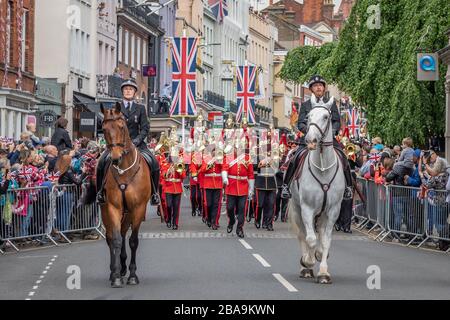 Band der Household Cavalry führt den Abschied der Household Cavalry von der Windsor Parade durch Windosr, Berkshire, Großbritannien - 18. Mai 2019 Stockfoto
