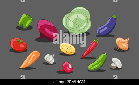 Vegetarisches Menü aus Gemüse Rettich, Auberginen, Rüben. Vektor Gemüsekohl, Karotten, Gurken, Knoblauch, Zwiebeln, Paprika. Stock Vektor