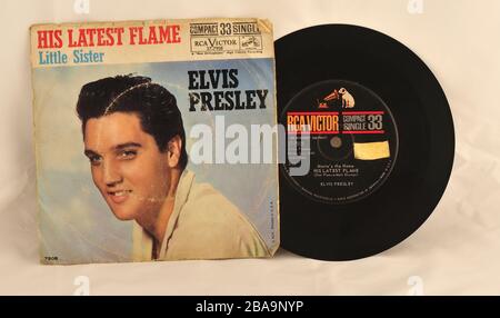 Elvis Presley Picture Sleeve Single von "Little Sister" und "his Latest Flame" Black Label sehr selten 33 1/3 U/min Edition, ein Sammlerstück Stockfoto