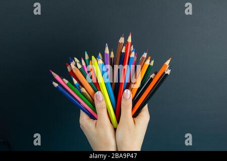 Bunte Bleistifte in der Hand. Die Hand einer Frau hält einen Satz farbener Bleistifte auf schwarzem Hintergrund Stockfoto
