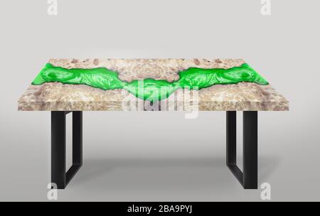 Tisch moderner Stil aus Epoxidharz-grünem Ahorn-Burl-Holzbeinen aus Stahl auf weißem Grund Stockfoto