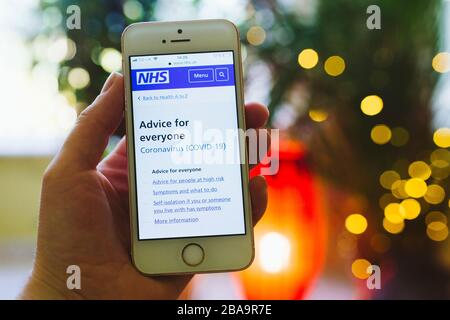 Person, die das Mobiltelefon hält und auf dem Bildschirm Ratschläge von NHS Coronavirus Covid19 anzeigt Stockfoto