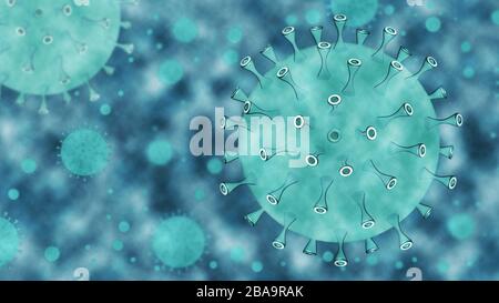 Grippe-Coronavirus schwimmt in flüssigkeitsmikroskopischer Ansicht, einem Erreger, der die Atemwege angreift. Konzept für Pandemie- oder Covid-19-Virusinfektionen. Stelle Stockfoto
