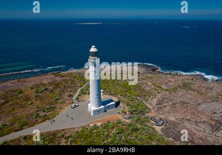 Ein Hubschrauberrundflug über den Cape Leeuwin Leuchtturm an der südlichsten/westlichsten Spitze Australiens. Stockfoto