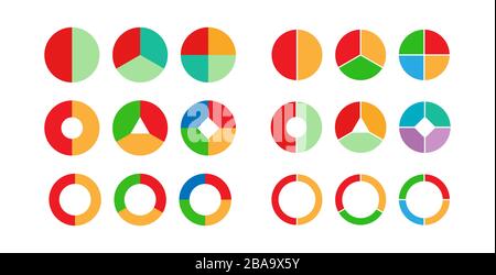 Satz farbiger Kreisdiagramme für 2, 3, 4 Schritte oder Abschnitte zur Veranschaulichung eines Geschäftsplans, einer Infografik und eines Berichts. Einfaches Design, Stock Vector Illustratio Stock Vektor