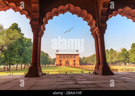 Red Fort Delhi, Blick auf Lal Qila aus Diwan-i-AAM, Indien Stockfoto