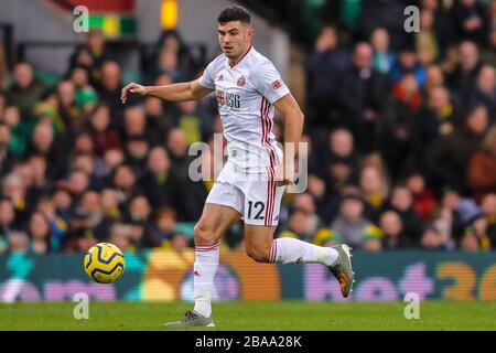 John Egan von Sheffield United - Norwich City gegen Sheffield United, Premier League, Carrow Road, Norwich, Großbritannien - 8. Dezember 2019 nur redaktionelle Verwendung - es gelten Einschränkungen für DataCo Stockfoto