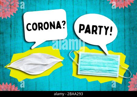 FOTOMONTAGE, Maske mit Sprechblasen, Subject Corona Partys, FOTOMONTAGE, Mundschutz mit Sprechblasen, Thema Corona-Partys Stockfoto