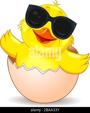 Cartoon Huhn in schwarzer Brille peeking aus eine Eierschale. Kleine gelbe Huhn auf weißem Hintergrund. Stock Vektor