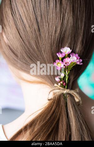 Feminines Konzept, zart, Schönheit, schön, Wildblumen, Blumen in Damenhaaren, Mädchen, langer Haarknöchelschwanz, weibliches Konzept, Natur, natürlich, braun Stockfoto