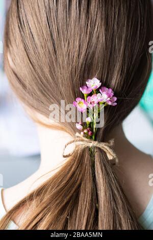 Feminines Konzept, zart, Schönheit, schön, Wildblumen, Blumen in Damenhaaren, Mädchen, langer Haarknöchelschwanz, weibliches Konzept, Natur, natürlich, braun Stockfoto