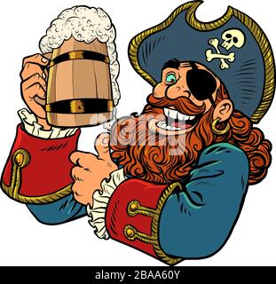 Pirate lustigen Charakter. Hölzerne Bierkrug Stock Vektor