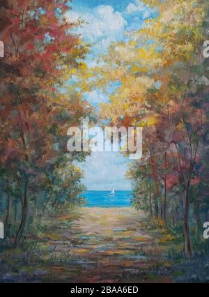 Blick auf den Herbstpark mit kleinem Pfad und Bäumen und goldenem Laub am Abend in der Nähe des Meeres. Landschaft, Ölgemälde auf Leinwand. Stockfoto