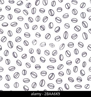 Vector Line Art Kaffeebohnenmuster mit dünner schwarzer Umrissbohne auf weißem Hintergrund. Frühstück, Bar, Hotel, Restaurant, Menü. Stock Vektor