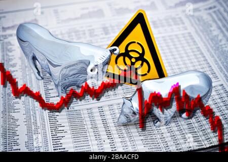FOTOMONTAGE, Börsenkennzeichen Stier und Bär mit biologischem Gefahrenschild und sinkender Kurskurve, symbolisches Foto für Börsenschwankungen um Th Stockfoto