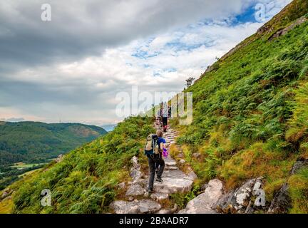 Ben Nevis/UK - 24. August 2019: Die Menschen wandern auf dem "Berg Pfad", der beliebtesten Route nach Ben Nevis, in den schottischen Highlands. Stockfoto