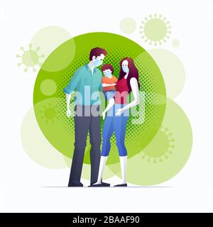 Die Familie schützt ihr Kind und sie vor dem Virus COVID-19 und trägt Masken und stoppt die Verbreitung von Viren. Quarantäne des Coronavirus. Vektorillus Stockfoto