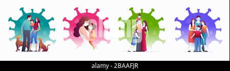 Die Familie trägt Masken, um ein epidemisches Coronavirus COVID-19 zu verhindern. Stock Vektor