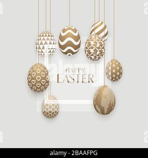 Goldfarbene gemusterte Ostereier mit glasiertem Glas. Fröhliches Osterbanner. Stock Vektor