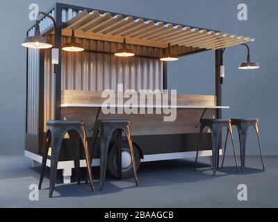 Trailer Food-Truck Mockup, klassischer Hot Dog-Markt Stockfoto