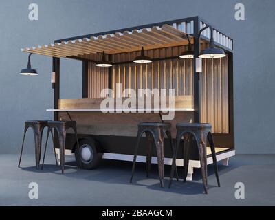 Trailer Food-Truck Mockup, klassischer Hot Dog-Markt Stockfoto