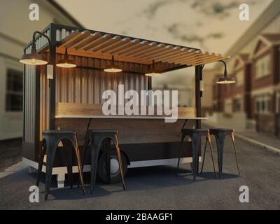 Trailer Food-Truck Mockup, klassischer Hot Dog-Markt Stockfoto