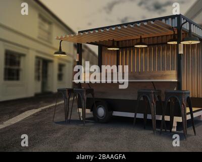 Trailer Food-Truck Mockup, klassischer Hot Dog-Markt Stockfoto