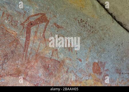 Ein Tourist fotografiert die Kunst des San Rock in der Inanke Cave, Matobo National Park, Simbabwe. Stockfoto