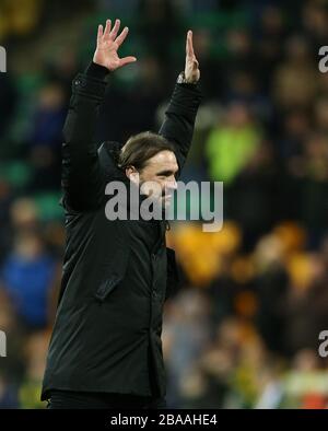 Norwich City Manager Daniel Farke feiert nach dem Schlusspfiff Stockfoto