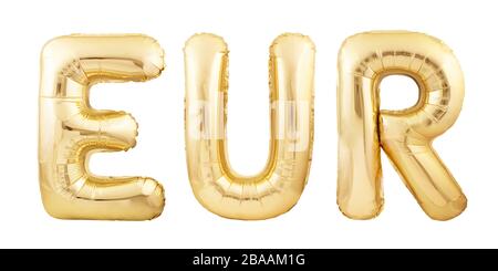 EUR-Abkürzung für EURO-WÄHRUNG aus goldenen, aufblasbaren Luftballons, isoliert auf weißem Hintergrund Stockfoto